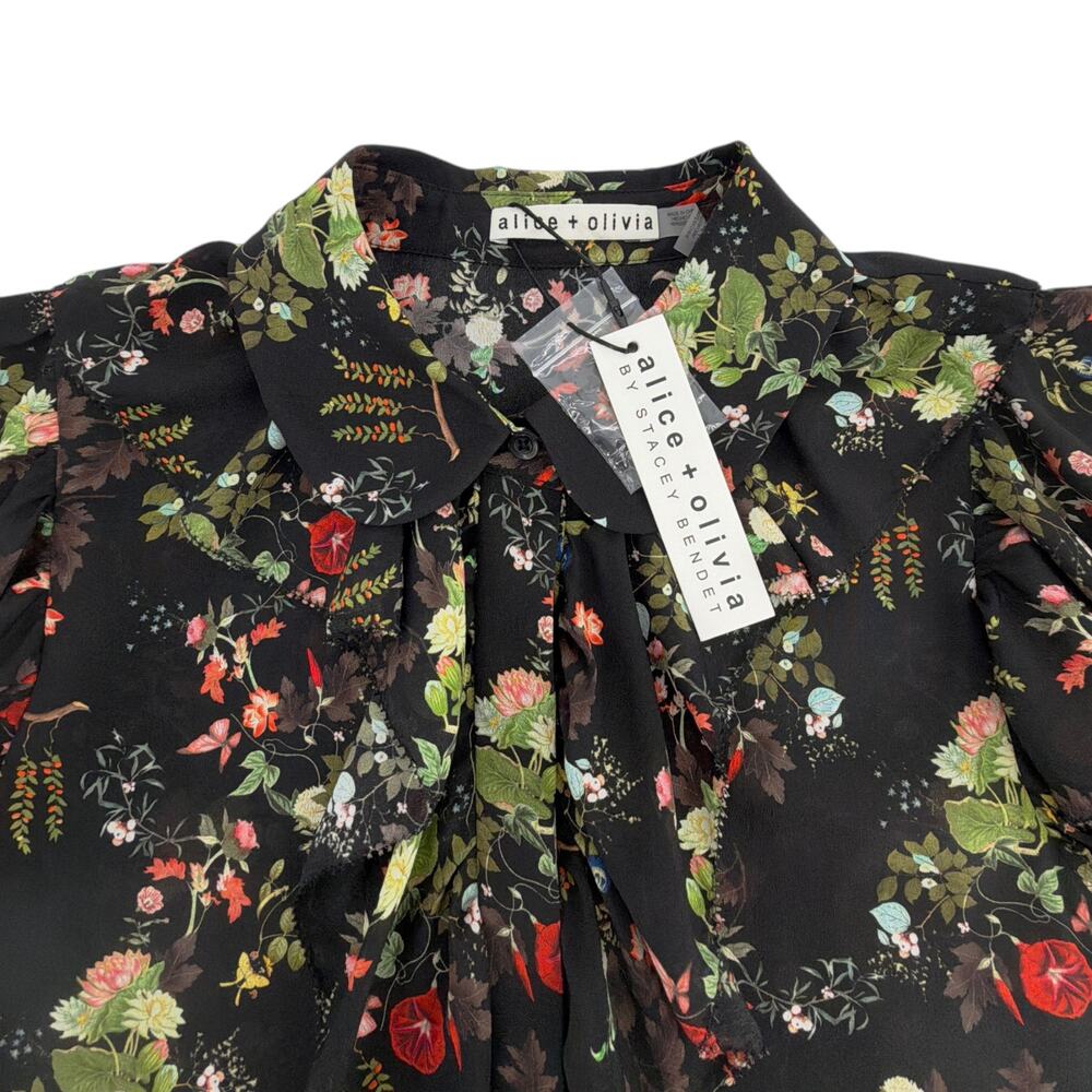 ALICE+OLIVIA Floral Ruffle Blouse in Blush Kiss Black S - Picture 3 of 9